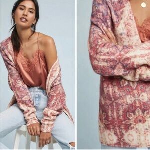 Anthropologie Akemi + Kin Natalia Floral Intarsia Pink Wool Alpaca Cardigan